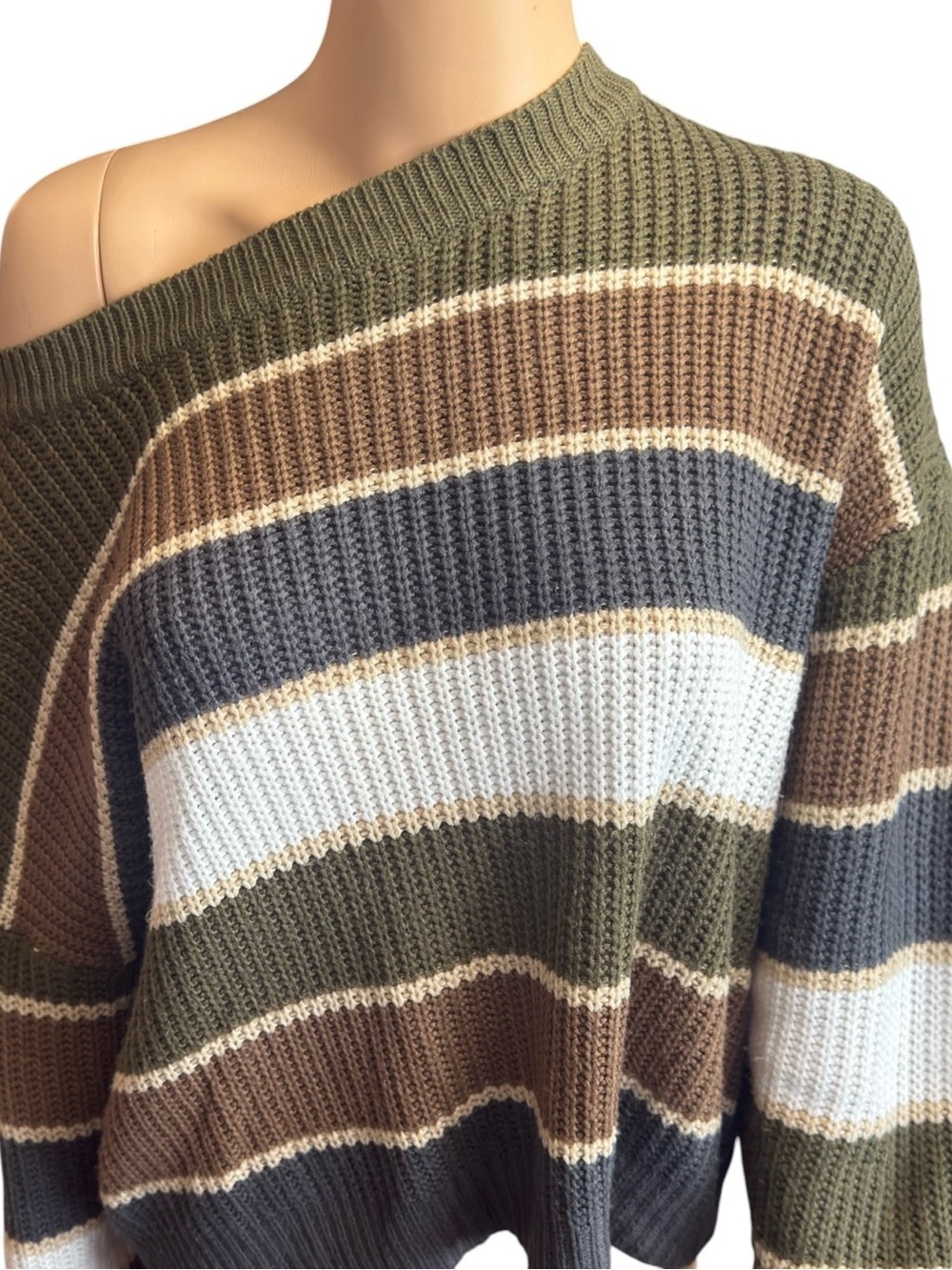 Striped Off-Shoulder Knit Sweater in Olive, Brown & White - Picture 3 of 11